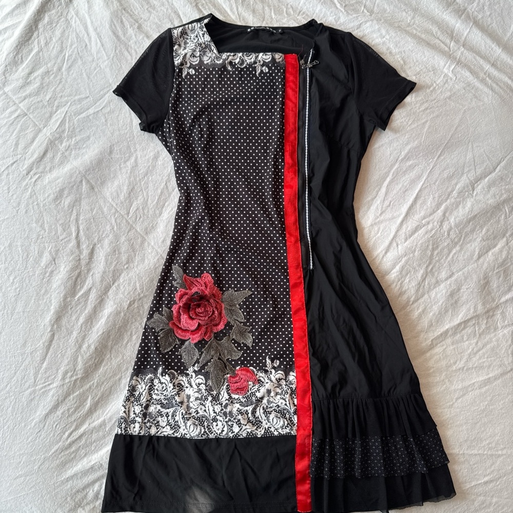 Black & Red Floral Mini Dress with Side Zip